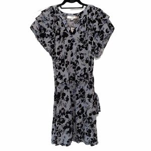 Loft Pastel Blue & Navy Floral Midi Dress Ruffles Tie Waist Medium